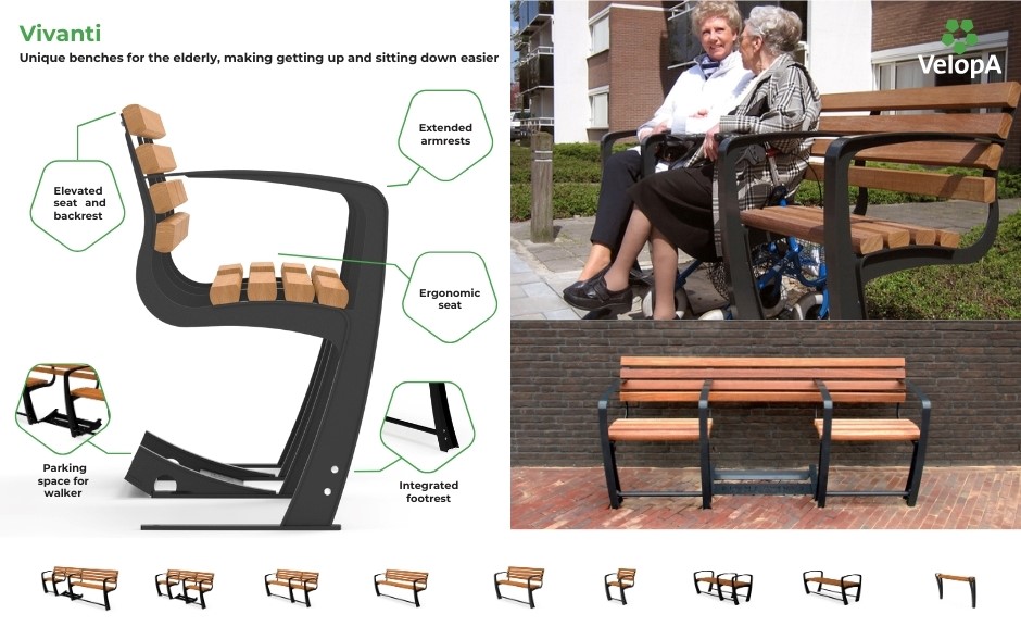 Vivanti bench for the elderly wood with backrest with rollator facility 1 and 1 seater