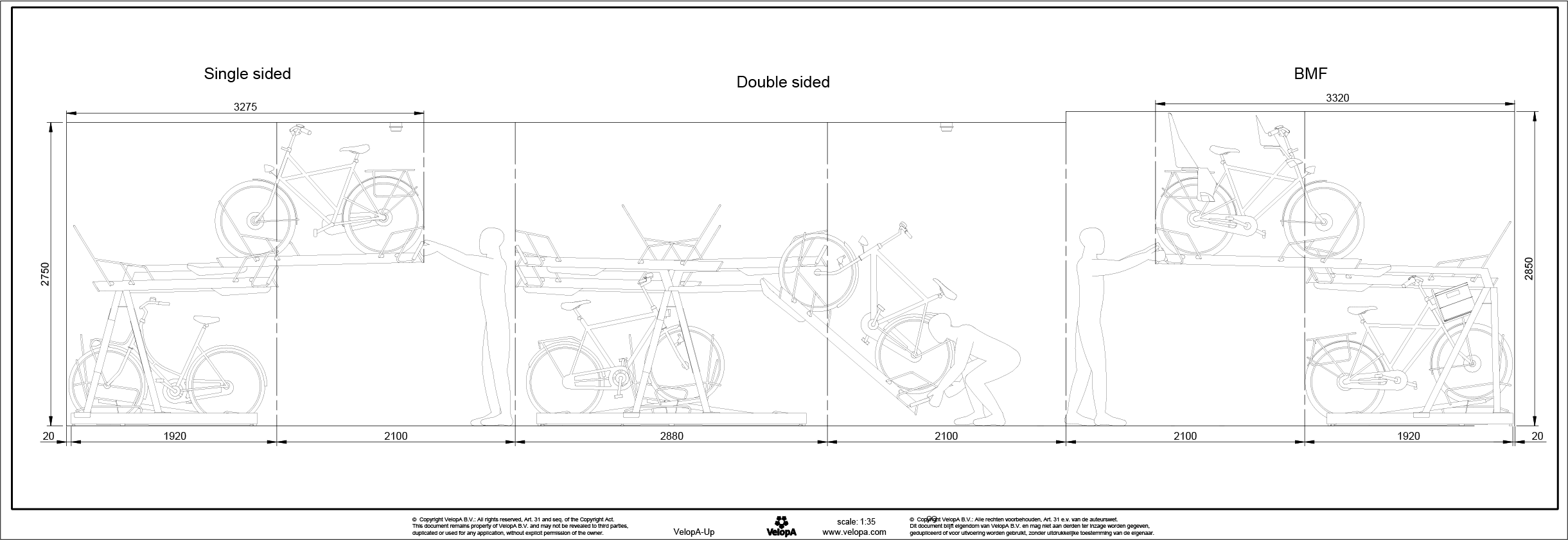 VelopA-Up two-tier bicycle rack with charging points