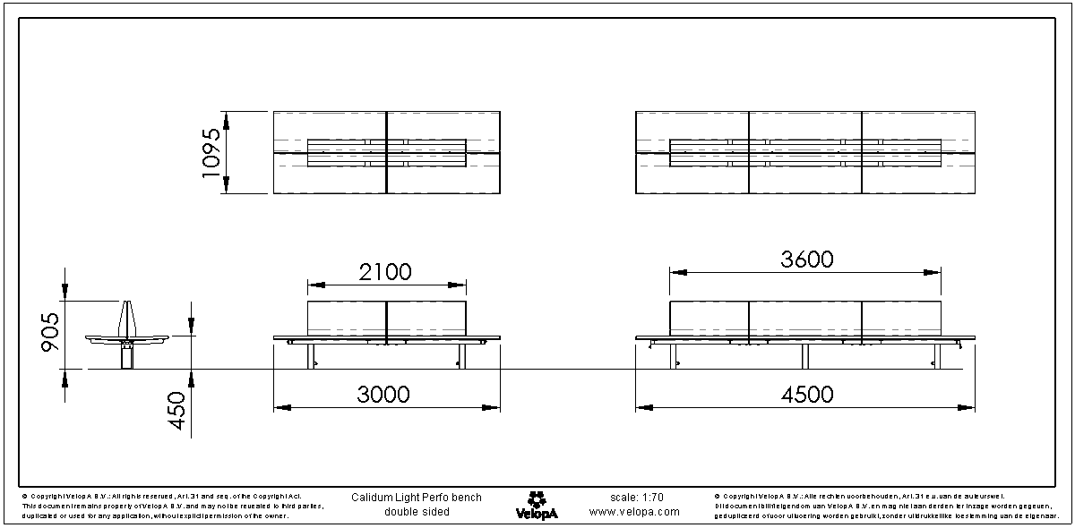 Calidum Light bench double-sided with backrest stainless steel.